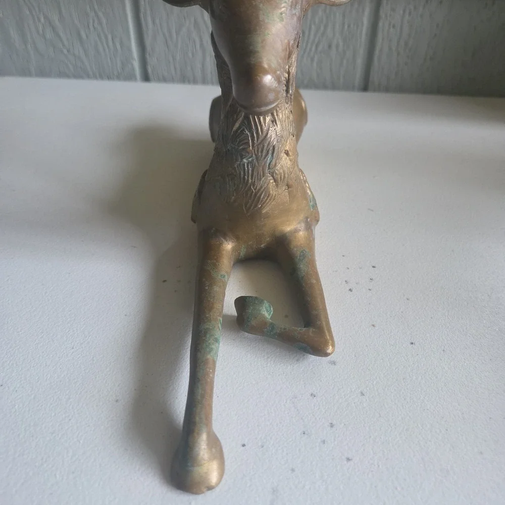 Vintage Brass Sculpture Deer MCM Stag Reclining Figure Antlers Aged Patina AS IS